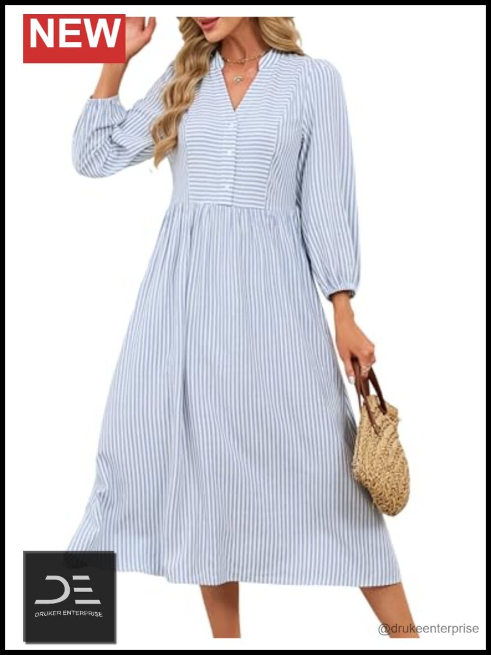 Womens Striped 3/4 Sleeve Button Up Midi Dress V-Neck A-Line Loose Fit Casual